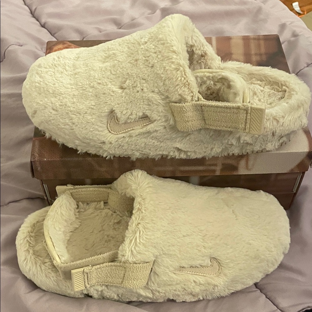 Nike Cream Fuzzy Slippers